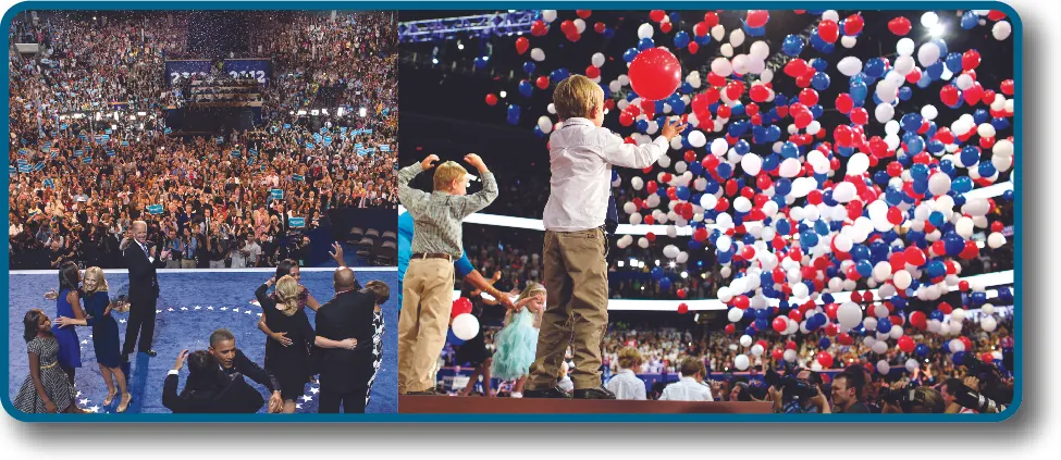 The image on the left is of Obama and his family in front of a large crowd of people. The image on the left is of several children on a stage in front of a large crowd of people. A large number of balloons are falling from above.