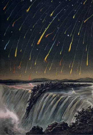 A painting of a meteor shower. Thousands of small meteors fall with visible light trails over a waterfall.
