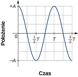 Wykres położenia w funkcji czasu. Zakres wartości na osi pionowej wynosi od – A do +A a na osi poziomej od 0 do 3/2 T. Krzywa jest funkcją cosinus, osiąga wartość +A dla t=0 oraz dla t=T.