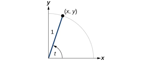 Gráfico del círculo con el ángulo de t inscrito. El punto de (x, y) está en la intersección del lado terminal del ángulo y el borde del círculo.