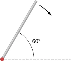 La figura muestra una varilla que se suelta desde el reposo en un ángulo de 60 grados respecto a la horizontal.