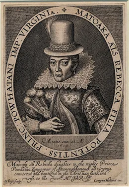 This is a 1616 portrait of Pocahontas depicting a young woman with Native American features in traditional European dress, including a tall hat and an Elizabethan ruff, and a regal pose.