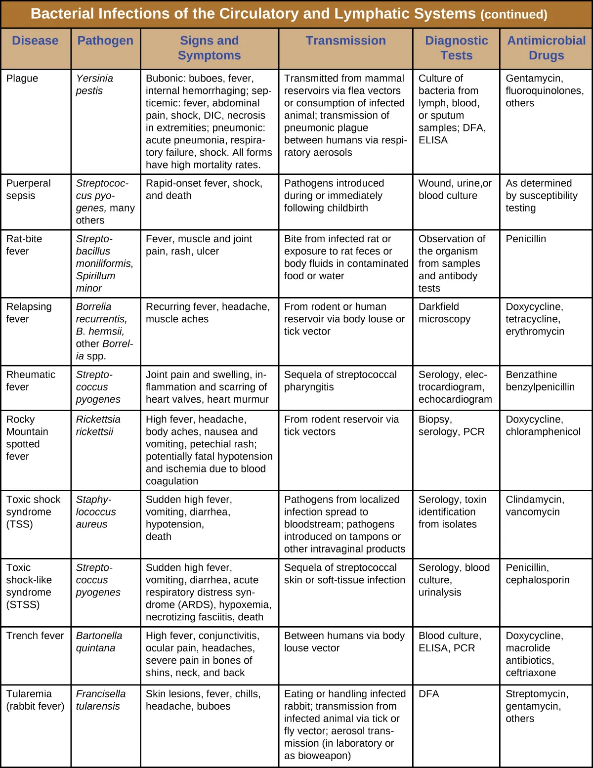 Table titled: Bacterial Infections of the Circulatory and Lymphatic Systems (continued). Columns: Disease, Pathogen, Signs and Symptoms, Transmission, Diagnostic Tests, Antimicrobial Drugs.Plague; Yersinia pestis; Bubonic: buboes, fever, internal hemorrhaging; septicemic: fever, abdominal pain, shock, DIC, necrosis in extremities; pneumonic: acute pneumonia, respiratory failure, shock. All forms have high mortality rates. Transmitted from mammal reservoirs via flea vectors or consumption of infected animal; transmission of pneumonic plague between humans via respiratory aerosols; Culture of bacteria from lymph, blood, or sputum samples; DFA, ELISA; Gentamycin, fluoroquinolones, others. Puerperal sepsis; Streptococcus pyogenes, many others; Rapid-onset fever, shock, and death; Pathogens introduced during or immediately following childbirth; Wound, urine, or blood culture; As determined by susceptibility testing. Rat-bite fever; Streptobacillus moniliformis, Spirillum minor; Fever, muscle and joint pain, rash, ulcer; Bite from infected rat or exposure to rat feces or body fluids in contaminated food or water; Observation of the organism from samples and antibody tests; Penicillin. Relapsing fever; Borrelia recurrentis, B. hermsii, other Borrelia spp.; Recurring fever, headache, muscle aches; From rodent or human reservoir via body louse or tick vector; Darkfield microscopy; Doxycycline, tetracycline, erythromycin. Rheumatic fever; Streptococcus pyogenes; Joint pain and swelling, inflammation and scarring of heart valves, heart murmur; Sequela of streptococcal pharyngitis; Serology, electrocardiogram, echocardiogram; Benzathine benzylpenicillin. Rocky Mountain spotted fever; Rickettsia rickettsia; High fever, headache, body aches, nausea and vomiting, petechial rash; potentially fatal hypotension and ischemia due to blood coagulation; From rodent reservoir via tick vectors; Biopsy, serology, PCR; Doxycycline, chloramphenicol. Toxic shock syndrome (TSS); Staphylococcus aureus; Sudden high fever, vomiting, diarrhea, hypotension, deathPathogens from localized infection spread to bloodstream; pathogens introduced on tampons or other intravaginal products; Serology, toxin identification from isolates; Clindamycin, vancomycin. Toxic shock-like syndrome (STSS); Streptococcus pyogenes; Sudden high fever, vomiting, diarrhea, acute respiratory distress syndrome (ARDS), hypoxemia, necrotizing fasciitis, death; Sequela of streptococcal skin or soft-tissue infection; [MISSING]; Penicillin, cephalosporin. Trench fever; Bartonella Quintana; High fever, conjunctivitis, ocular pain, headaches, severe pain in bones of shins, neck, and back; Between humans via body louse vector; Blood culture, ELISA, PCR; Doxycycline, macrolide antibiotics, ceftriaxone. Tularemia (rabbit fever); Francisella tularensis Skin lesions, fever, chills, headache, buboes; Eating or handling infected rabbit; transmission from infected animal via tick or fly vector; aerosol transmission (in laboratory or as bioweapon); DFA; Streptomycin, gentamycin, others.