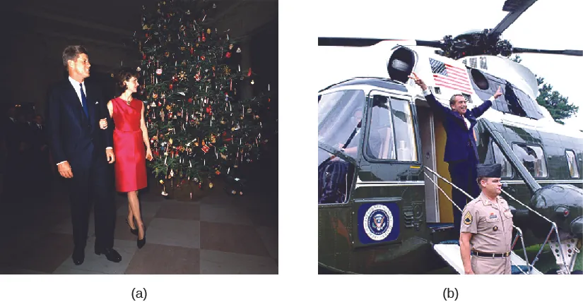 Image A is a photo of John F. Kennedy and Jacqueline Kennedy. Image B is a photo of Richard Nixon standing in front of a helicopter making “V for Victory” signs with his hands.