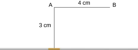 Rysunek przedstawia kawałek drutu. Punkt P jest umieszczony 3 centymetry ponad 0,5 centymetrowym segmentem drutu, Punkt B jest umieszczony 4 centymetry w prawo od punktu A. 