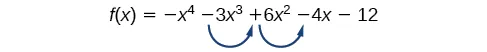 The function, f(x)=-x^4-3x^3+6x^2-4x-12, has two sign change between -3x^3 and 6x^2, and 6x^2 and -4x.`