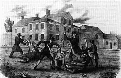 A lithograph shows a small group of men in dark coats and hats attacking and stabbing Conestoga men and women in traditional dress. The Conestoga woman in the center of the image is nursing a baby. The buildings in which the Conestoga had lived while in protective custody are visible in the background.