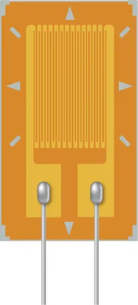 La imagen es un dibujo esquemático de un dispositivo de galga extensométrica que consiste en el patrón conductor depositado en la superficie aislada. Los contactos de metal se adhieren a las dos grandes almohadillas en el origen del patrón conductor.