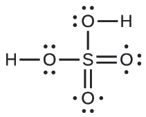 Una estructura de Lewis muestra un átomo de hidrógeno unido con enlace simple a un átomo de oxígeno con dos pares solitarios de electrones. El átomo de oxígeno está unido con enlace simple a un átomo de azufre. El átomo de azufre está unido con doble enlace a dos átomos de oxígeno, cada uno de los cuales tiene tres pares solitarios de electrones, y está unido con enlace simple a un átomo de oxígeno con dos pares solitarios de electrones. Este átomo de oxígeno está unido con enlace simple a un átomo de hidrógeno.