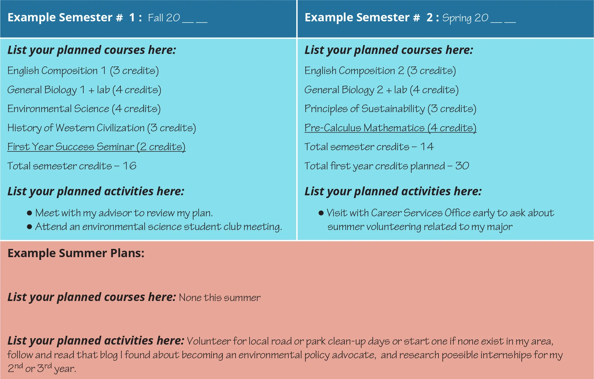 A sample grid diagram shows students’ planning for different semesters, including planned activities, summer plans, and planned courses.
