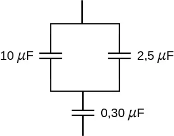 La figura muestra condensadores de valor 10 micro Farad y 2,5 micro Farad conectados en paralelo. Estos están conectados en serie con un condensador de valor 0,3 micro Farad.