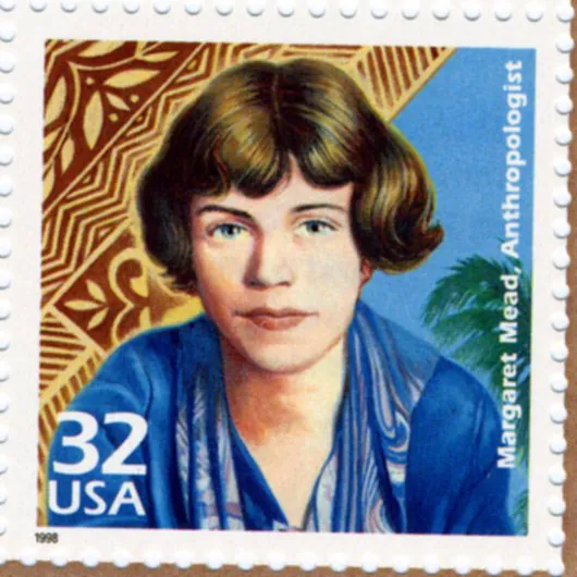 U.S. postage stamp containing a painting of Anthropologist Margaret Mead. Stamp is full color. Mead is wearing clothing typical of the 1930s.