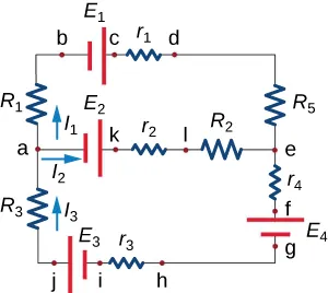 Circuit that across the top from left to right goes point b, battery with voltage E1, point c, resistor with resistance r1, and point d; across the middle goes point a, battery with voltage E2, point k, resistor with resistance r2, point l, resistor with resistance R2, and point e; across the bottom goes point j, battery with voltage E3, point i, resistor with resistance r3, and point h; along the left side from top to bottom goes a resistor with resistance R1, point a, and a resistor with resistance R3; and along the right side goes a resistor with resistance R5, point e, a resistor with resistance r4, point f, a battery with voltage E4, and point g. Additionally, there are three arrows showing the direction of the current: one between point a and the resistor with resistance R1 pointing up; another between point a and the battery with voltage E2 pointing right; and another between point j and the resistor with resistance R3 pointing up.