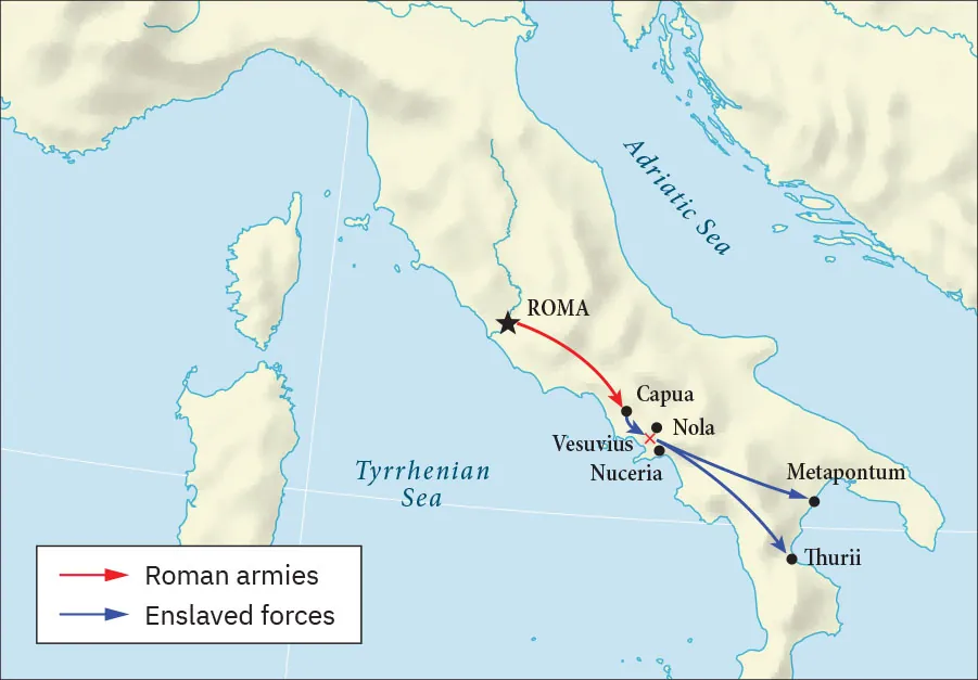 A map is shown with land highlighted beige and water highlighted blue. A boot shaped area of land is shown in the middle surrounded by two islands in the west and land in the northeast. The Adriatic Sea is labelled to the northeast and the Tyrrhenian Sea is labelled in the south. A red arrow shows from the city of Roma, indicated with a black star, south to the city of Capua labelled with a black dot (as are all the other cities on the map). This red arrow indicates “Roman armies.” Three blue arrows are shown indicating “Enslaved forces.” The first arrow begins in the city of Capua and heads southeast to a red “x” next to the city of Nola. From the red “x” an arrow splits into two – one heading southeast to the city of Metapontum on the coast and another heading more south to the city of Thurii on the coast. Vesuvius and Nuceria are labelled on the map south of Nola.