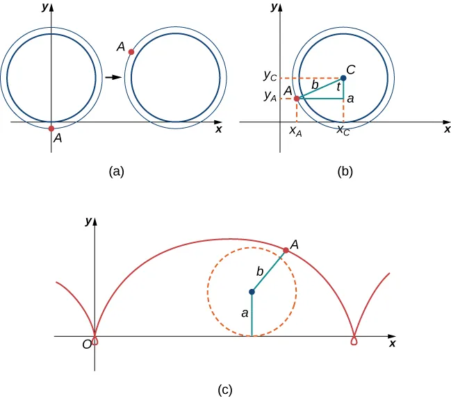There are three figures marked (a), (b), and (c). Figure a has a circle and a point A that is outside the circle on the y axis (below the origin). The circle is tangent to the x axis at the origin. The circle appears to be travelling to the right on the x axis, with point A being above the x axis in a second image of the circle drawn slightly to the right. Figure b has a circle in the first quadrant with center C. It touches the x axis at xc. A point A is drawn outside the circle and a right triangle is made from this point and point C. The hypotenuse is marked b, the angle at C between A and xc is marked t, and the distance from C to xc is marked a. Lines are drawn to give the x and y values of A as xA and yA, respectively. Similarly, a line is drawn to give the y value of C as yC. Figure c shows the curve that point A would trace out, as the circle travels to the right. It is vaguely sinusoidal with an extra loop at the bottom once per revolution.