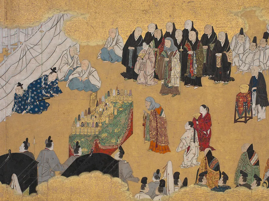 A richly colored image on a gold and yellow background is shown. At the top left, a large white sheet is draped over a fence. Two figures in dark blue robes with white flowers kneel on the ground with their hands on the ground, their hair in a tight bun atop their heads. To the right are three bald men sitting with legs crossed on the ground in white robes and blue pants. In the top right of the image stands a large group of people. Nine are bald and dressed in long black robes, one with a richly decorated shawl over the black robe in gold, red, and blue colors. One woman with a white face and pale pink robe stands at the front of the group with a fan in her hands. Another figure with a blue cloth on their head and multicolored robes stands next to her. In the far right corner are three men in white clothing and black hair piled tightly on top of their heads sitting on the ground. In front of them is a bald man in white pants and a long black shawl standing in front of a small table covered in a highly decorative tablecloth and gold bowl on top. In the middle of the image, a long rectangular table covered in a red and green richly decorated tablecloth holds many gold objects. A woman in a multicolored robe and head covered in a blue cloth bows with hands together in front of the table. Behind her two women with long black ponytails in red and white decorated robes stand, one with a gold fan in her hands. In the bottom forefront, the backs of many people can be seen, most wearing dark gray robes with black hair tightly wound on top of their heads. Two people at the right wear multicolored robes. Black objects are seen in the left forefront and gold cloudlike images obscure some of the people.