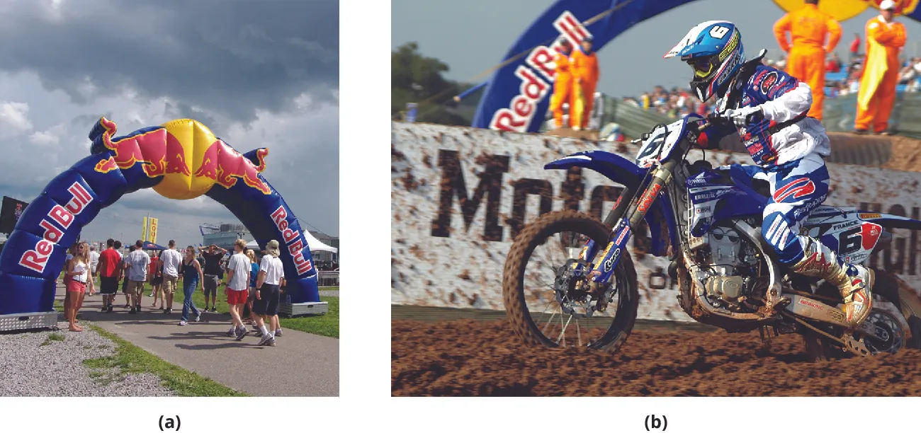 Photos of Red Bull-sponsored sporting events: (a) cliff diving; (b) Motocross.