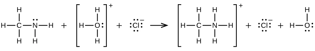 Se muestra una reacción. La primera estructura a la izquierda exhibe un átomo de C con átomos de H enlazados por encima, por debajo y a la izquierda. A la derecha, se enlaza un átomo de N que tiene un par de electrones no compartidos por encima y átomos de H enlazados a su derecha y por debajo. Esta estructura va seguida de un signo más. A continuación, entre corchetes, hay una estructura con un átomo de O y átomos de H enlazados por encima, a la izquierda y por debajo. Se muestra un único par de electrones no compartido en el átomo de O. Fuera de los corchetes hay un signo más en superíndice. A esto le sigue un signo más y C l rodeado de 4 pares de puntos de electrones y un signo menos en superíndice. Tras una flecha de reacción hay otra estructura entre corchetes. Esta estructura muestra un átomo de C con átomos de H enlazados por encima, por debajo y a la izquierda. A la derecha se enlaza un átomo de N que tiene átomos de H enlazados por encima, por debajo y a la derecha. Fuera de los corchetes hay un signo más en superíndice. A continuación, está C l rodeado de 4 pares de puntos de electrones y el signo menos en superíndice. A esto le sigue otro signo más y un átomo de H que forma un enlace simple con un átomo de O al que se enlaza otro átomo de H por encima. El átomo de O tiene dos conjuntos de puntos de electrones.