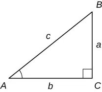 An image of a triangle. The three corners of the triangle are labeled “A”, “B”, and “C”. Between the corner A and corner C is the side b. Between corner C and corner B is the side a. Between corner B and corner A is the side c. The angle of corner C is marked with a right triangle symbol. The angle of corner A is marked with an angle symbol.