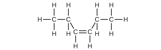 Esta figura muestra un átomo de C con tres átomos de H enlazados. Este átomo de C está enlazado a otro átomo de C con dos átomos de H enlazados por encima y por debajo. El segundo átomo de C también está enlazado a otro átomo de C abajo y a la derecha. Este átomo de C está enlazado a un átomo de H y tiene un doble enlace con un cuarto átomo de C. El cuarto átomo de C también está enlazado a un átomo de H. El cuarto átomo de C tiene un enlace hacia arriba y hacia la derecha con otro átomo de C. Este átomo de C tiene dos átomos de H enlazados por encima y por debajo. Este átomo de C también se enlaza a otro átomo de C que está enlazado a tres átomos de H.