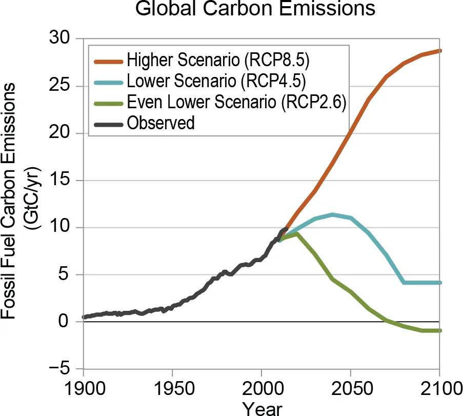 Krukowski includes visual evidence to support the thesis with a line graph of increasing global carbon emissions since 1900.