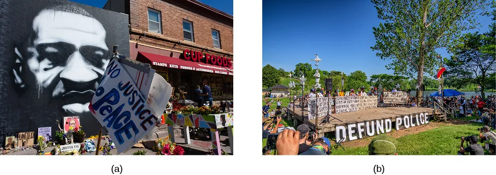 Image A shows a mural painting of George Floyd outside the market where he died among flowers and signs in a makeshift memorial. Image B shows activists gathered with a large sign reading “Defund Police”.