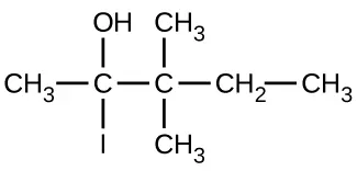 Esto muestra un grupo C H subíndice 3 enlazado a un átomo de C. El átomo de C está enlazado a un grupo O H y a un átomo I. También está enlazado a un segundo átomo de C. Este segundo átomo de C está enlazado por encima y por debajo a un grupo C H subíndice 3. El segundo átomo de C está enlazado a un grupo C H subíndice 2 que está enlazado a un grupo C H subíndice 3.