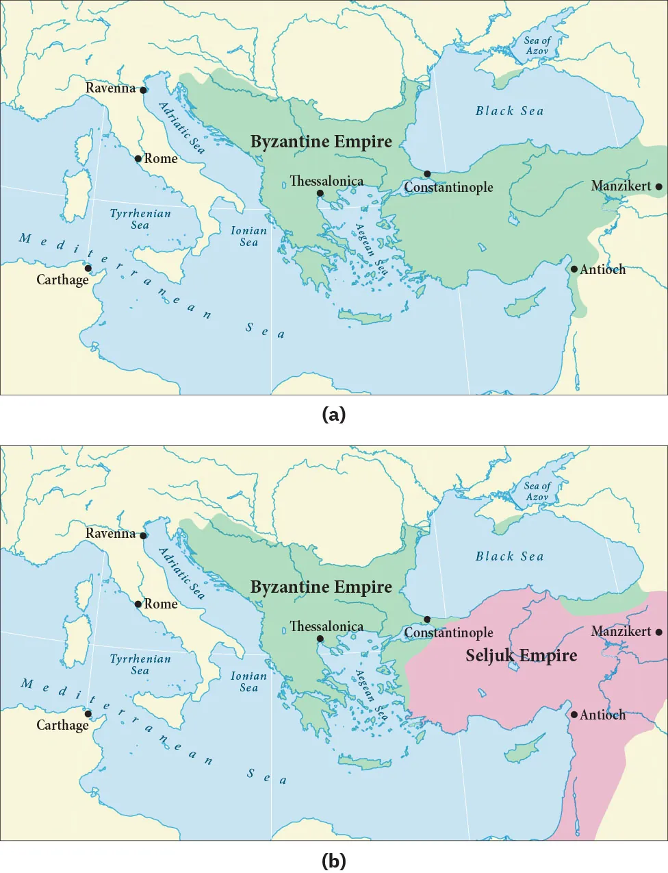 Two maps are shown with land highlighted beige while water is highlighted blue. White lines crisscross the waters. (a) The map shows the Mediterranean Sea in the south and southwest, the Adriatic Sea, the Tyrrhenian Sea, and the Ionian Sea labelled in the west, the Aegean Sea labelled in the middle, and the Sea of Azov and the Black Sea labelled in the northeast. A large area in the middle of the map is highlighted green as well as an oval section in the middle of the map at the east. A small area at the north of the Black Sea is also green. This green indicates “Byzantine Empire.” Cities labelled within this area are: Thessalonica, Constantinople, Manzikert, and Antioch. Cities labelled outside the green area include: Ravenna, Rome, and Carthage. (b) The map shows the Mediterranean Sea in the south and southwest with the Adriatic Sea, the Tyrrhenian Sea, and the Ionian Sea labelled in the west, the Aegean Sea labelled in the middle, and the Sea of Azov and the Black Sea labelled in the northeast. A large area in the middle of the map is highlighted green and labelled “Byzantine Empire” with the cities of Thessalonica and Constantinople labelled within. A small area at the north of the Black Sea and at the southeast of the Black Sea is also highlighted green. An upside down “V” shaped section in the eastern middle of the map at the east is highlighted pink and labelled “Seljuk Empire.” The cities of Manzikert, and Antioch are labelled within this pink area. Cities labelled outside the highlighted areas include: Ravenna, Rome, and Carthage.