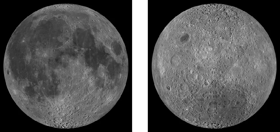 The Two Sides of the Moon. The left image shows the hemisphere that faces Earth; several dark maria and rayed craters are visible. The right image shows the hemisphere that faces away from Earth; it is dominated by highlands and is more heavily cratered.
