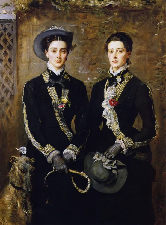 A portrait of twins wearing traditional hunting gear is shown.