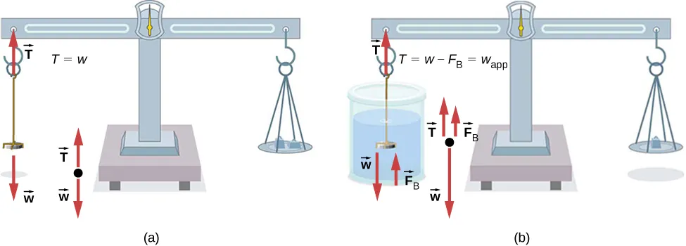 Figure A is a drawing of a coin in the air weighed on a manual scale. A large balance is used to counterbalance the coin. Figure B is a drawing of the same coin in water weighed on the manual scale. A smaller balance is used to counterbalance the coin.