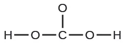 Se muestra una estructura de Lewis. Un átomo de carbono está unido con enlace simple a tres átomos de oxígeno. Dos de esos átomos de oxígeno están unidos con enlace simple a un átomo de hidrógeno.
