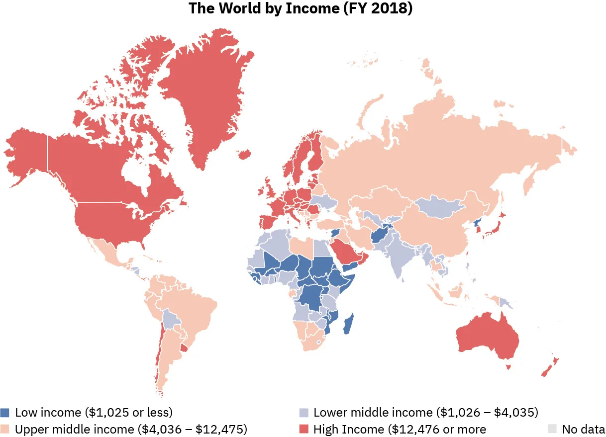 This world map shows advanced, transitioning, less, and least developed countries. Low income countries are those with an annual income of $1025 or less per capita, and include Afghanistan, Syria, Yemen, Madagascar, and many central African nations. Lower middle income countries have an annual income between $1026 and $4035 per capita, and include India, Pakistan, Vietnam, Burma, Papua New Guinea, Ukraine, Moldova, Bolivia, and many countries on the African coastal areas. Upper middle income countries have an income between $4036 and $12075, and include Russia, China, Kazakstan, Romania, Iran, Iraq, Libya, Mexico, and most South American countries as well as the nations in the very south of Africa. High income countries have an income over $12076 per capita and include Saudi Arabia, Oman, Australia, Japan, South Korea, most of Europe, Chile, Uruguay, The United States, and Canada. 