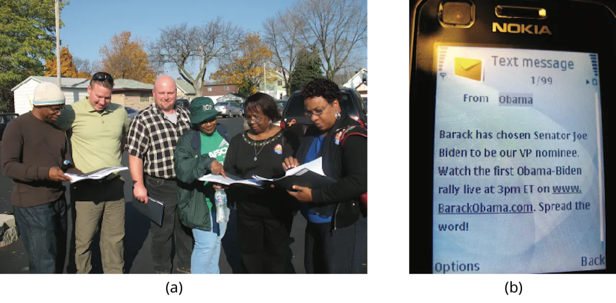 Image A is of a group of people standing and holding binders. Image B is a screenshot of a cell phone screen. The screen reads “Text message from Obama. Barack has chosen Senator Joe Biden to be our VP nominee. Watch the first Obama-Biden rally live at 3pm ET on www.BarackObama.com. Spread the word!”