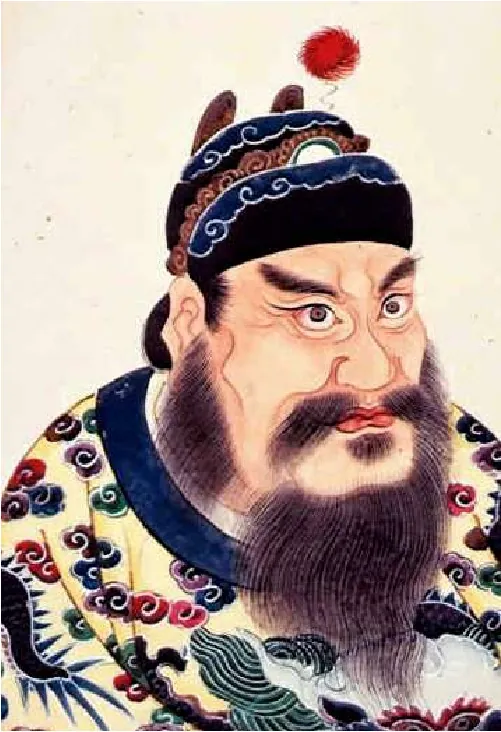 An image of a painting is shown on a pale yellow background. A large man is shown with pale skin, large, round, brown eyes, thick angled eyebrows and beard and moustache. He has a large flat nose, red lips, and a round ball of skin protrudes between his eyebrows. He wears a colorful hat in black, blue, brown, and white with a round fuzzy ball above his head at the right, attached by a zig-zag line to the hat. His shirt is yellow with a blue and white collar, and red, green, white, and blue flowery designs show all over.
