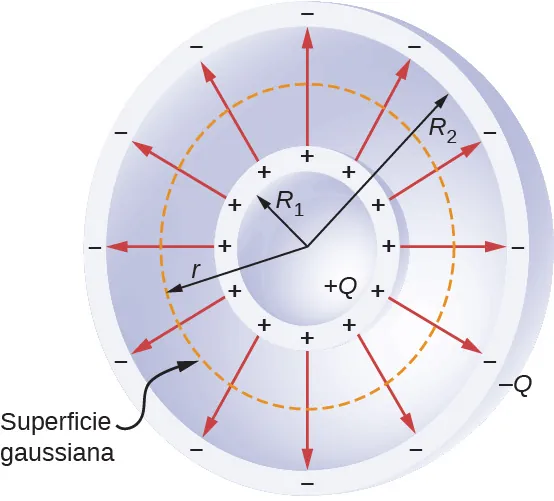 La sección transversal de un condensador esférico se muestra en forma de dos círculos concéntricos. El radio del más pequeño es R subíndice 1 y el del más grande es R subíndice 2. El más pequeño tiene signos positivos y el más grande tiene signos negativos. Las flechas irradian desde el círculo interior hacia el exterior. Entre los dos, hay un tercer círculo, con radio r, que se muestra como una línea de puntos. Esto se denomina superficie gaussiana.
