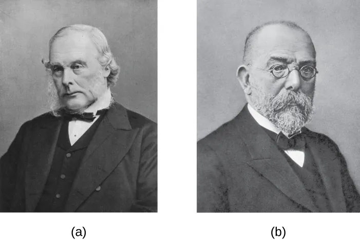 a) Photo of Joseph Lister b) Photo of Robert Koch
