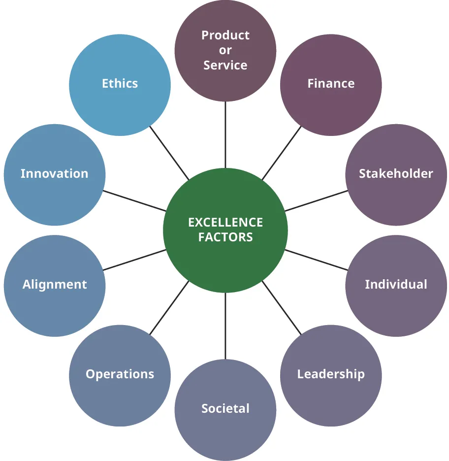 Excellence factors include societal, operations, alignment, innovation, ethics, product/service, finance, stakeholder, individual, and leadership.