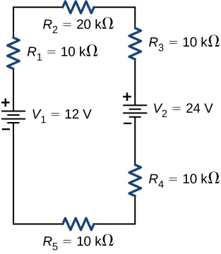 La figura muestra el terminal positivo de la fuente de voltaje V subíndice 1 de 12 V conectada en serie al resistor R subíndice 1 de 10 kΩ conectado en serie al resistor R subíndice 2 de 20 kΩ conectado en serie al resistor R subíndice 3 de 10 kΩ conectado en serie al terminal positivo de la fuente de voltaje V subíndice 2 de 24 V conectada en serie al resistor R subíndice 4 de 10 kΩ conectado en serie al resistor R subíndice 5 de 10 kΩ.