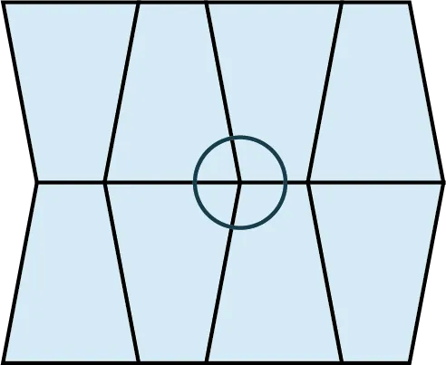 A tessellation pattern is made up of two rows of four trapezoids, each. A circle is drawn at the center of the inner four trapezoids.