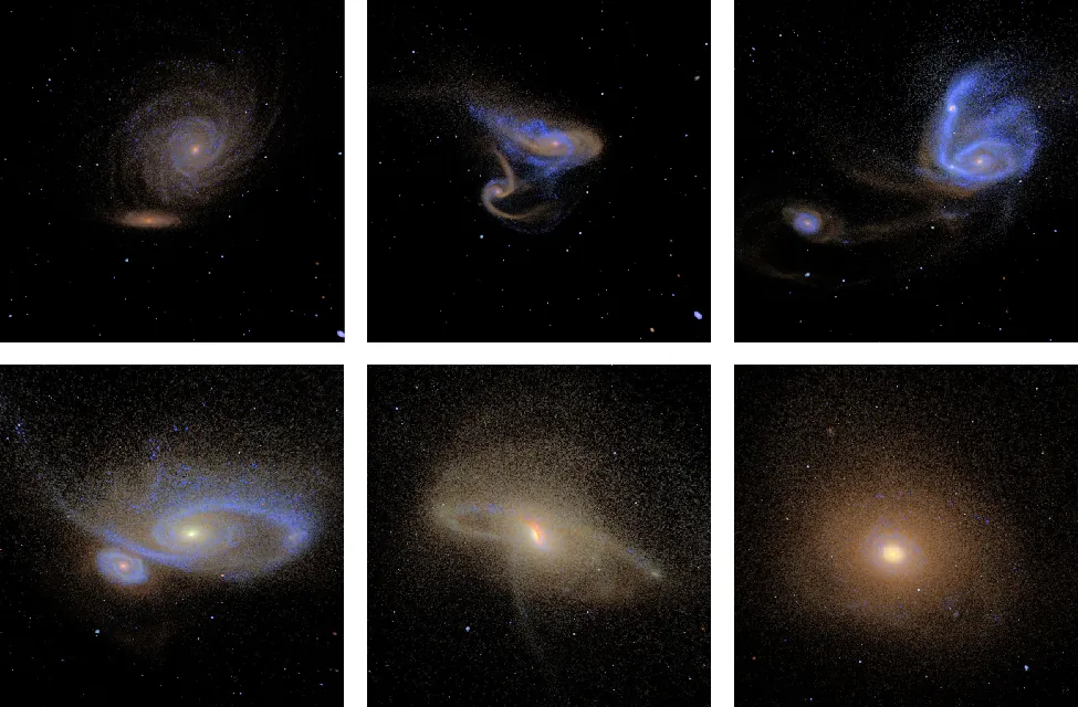 Computer Simulation of a Galaxy Collision. This computer simulation starts at upper left with two spiral galaxies in the process of merging. Moving from left to right the two galaxies become more and more distorted as the collision progresses. In the last panel at lower right, the two spiral galaxies have settled down into one large elliptical galaxy.