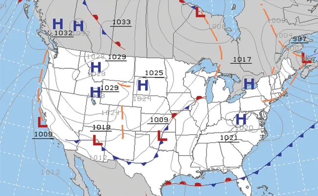 A weather map of the United States is shown which points out areas of high and low pressure with the letters H in blue and L in red. Curved lines in grey, orange, blue, and red are shown. The orange lines are segmented. The red and blue lines have small red or blue semi-circles and triangles attached along their lengths. In dashed white lines, latitude and longitude are indicated. Underlined three and four digit numbers also appear across the map.