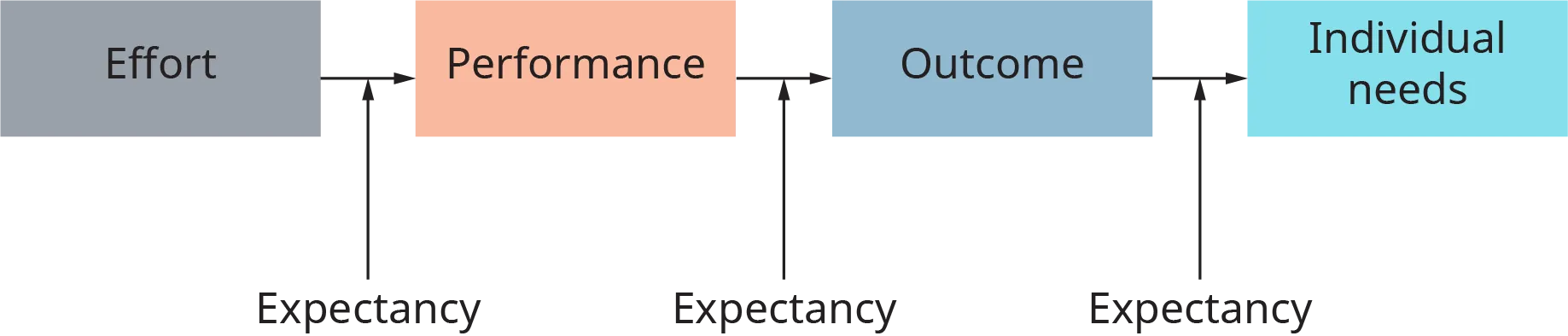 A process is shown as words connected by arrows. The diagram starts with the word effort, and an arrow points to performance. An arrow points from here to the word outcome. An arrow points from here to the words individual needs. Arrows labeled expectancy point to each of the arrows between words in the process.