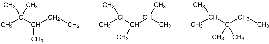 Se muestran tres estructuras moleculares de hidrocarburos. La primera tiene el C H subíndice 3 enlazado hacia arriba y a la derecha a un átomo de C. El átomo de C está enlazado hacia abajo y a la derecha con el C H. El C H está enlazado hacia arriba y a la derecha con el C H subíndice 2. El C H subíndice 2 está enlazado hacia abajo y a la derecha el C H subíndice 3. El átomo solitario de C está enlazado a dos grupos C H subíndice 3. El C del grupo C H está enlazado a un grupo C H subíndice 3. La segunda estructura muestra C H subíndice 3 enlazado hacia arriba y hacia la derecha al C H que está enlazado hacia abajo y hacia la derecha al C H. El C H está enlazado hacia arriba y hacia la derecha a otro C H que está enlazado hacia abajo y hacia la derecha al C H subíndice 3. El átomo de C inicial está enlazado a un grupo C H subíndice 3. El segundo átomo de C está enlazado a un grupo C H subíndice 3. El tercer átomo de C está enlazado a un grupo C H subíndice 3. La tercera estructura muestra el C H subíndice 3 enlazado hacia arriba y hacia la derecha con el C H que está enlazado hacia abajo y hacia la derecha con el C. El C está enlazado hacia arriba y hacia la derecha con el C H subíndice 2 que está enlazado hacia abajo y hacia la derecha con el C H subíndice 3. El segundo átomo de C está enlazado a un grupo C H subíndice 3. El tercer átomo de C está enlazado a dos grupos C H subíndice 3.