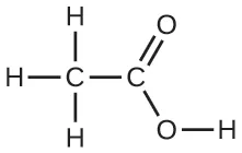 Una estructura de Lewis muestra un átomo de carbono con enlace simple a tres átomos de hidrógeno y otro átomo de carbono, que a su vez tiene un doble enlace con un átomo de oxígeno y un enlace simple con otro átomo de oxígeno que tiene un enlace simple con un átomo de hidrógeno. Las líneas de puntos conectan los átomos terminales de oxígeno e hidrógeno con una estructura de Lewis recíproca a la derecha, con rotación de 180 grados. Cada línea de puntos está marcada como "enlace de hidrógeno".