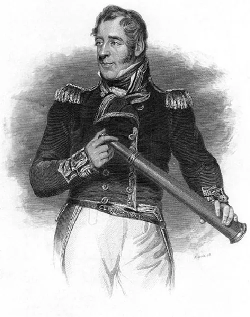 In this engraving Thomas Cochrane, he wears an ornate military uniform. He carries a scope.