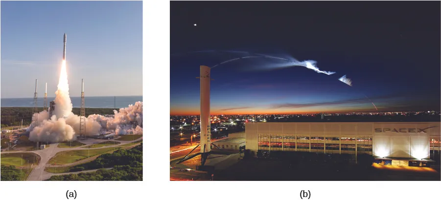 Photo A shows a rocket launching from the ground. Photo B shows a white streak across a dark sky, beneath which is a large building with the word “SpaceX”.
