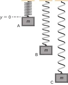 A vertical mass spring system is illustrated. The upper end of the spring is attached to the ceiling. A block of mass m is attached to the lower end.  The spring is drawn at two positions. On the left, the mass is in the equilibrium position. To  the right of this, the spring is drawn with the mass pulled down a distance y sub pull. This position of the mass is labeled as h equal to zero. A graph of y as a function of X is shown to the rightly the illustrations, with y equals zero aligned with the equilibrium position in the illustrations. The plot is sinusoidal, with the minimum y at x=0 and even with the lower mass position in the illustrations.