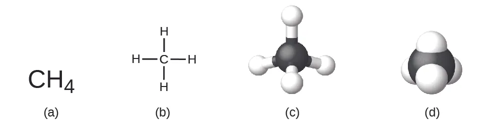La figura A muestra el CH subíndice 4. La figura B muestra un átomo de carbono que está enlazado a cuatro átomos de hidrógeno en ángulo recto: uno arriba, otro a la izquierda, otro a la derecha y otro abajo. La figura C muestra un modelo tridimensional de barras y esferas del átomo de carbono unido a cuatro átomos de hidrógeno. La figura D muestra un modelo de espacio lleno de un átomo de carbono con átomos de hidrógeno parcialmente incrustados en la superficie del átomo de carbono.