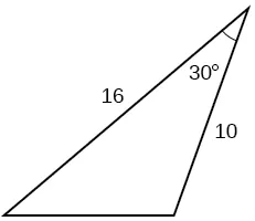 A triangle. One angle is 30 degrees with opposite side unknown. The other two sides are 16 and 10.